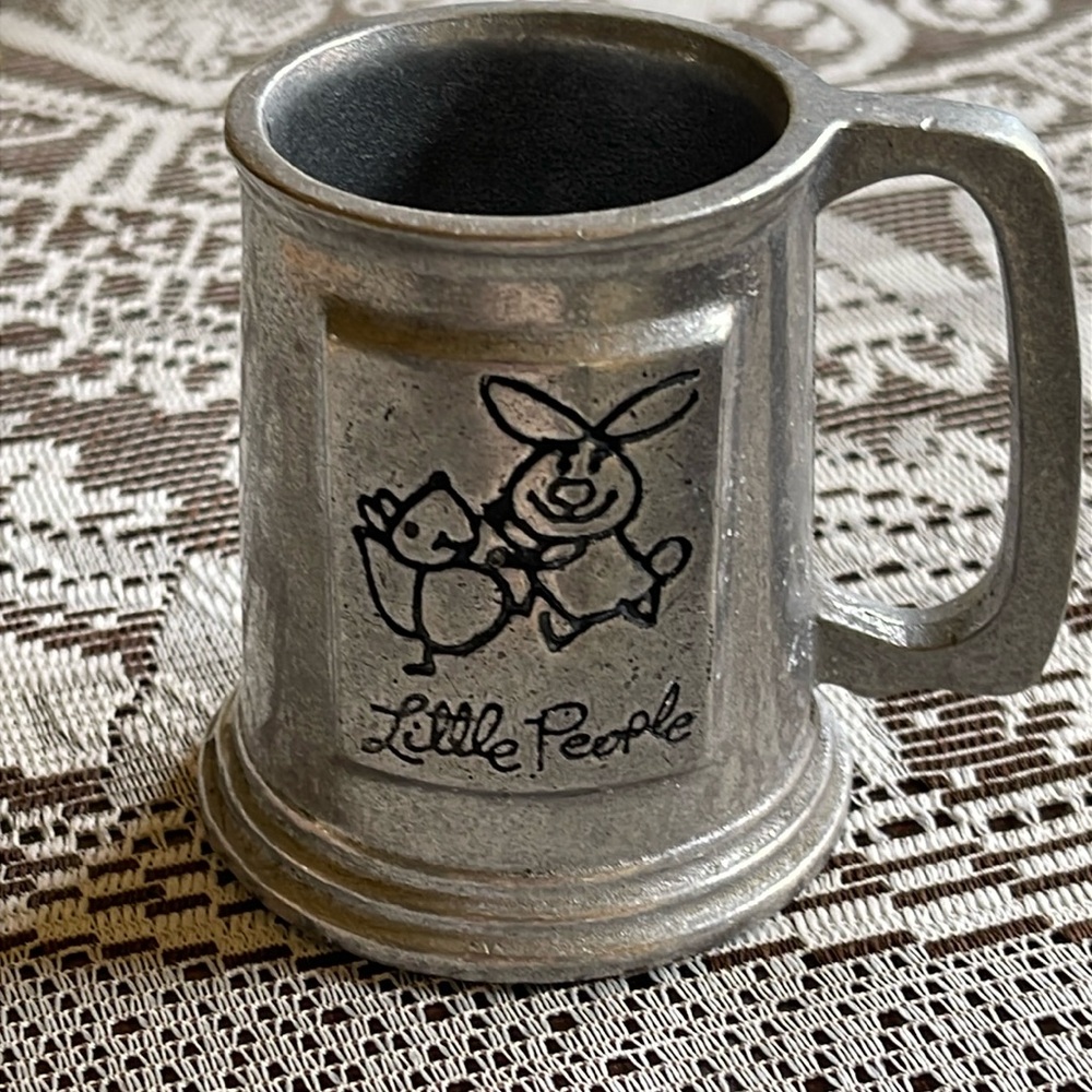 Vintage Lancaster Pewter Child’s mug. “Little People”3x 3 1/2 tall. Preowned EUC